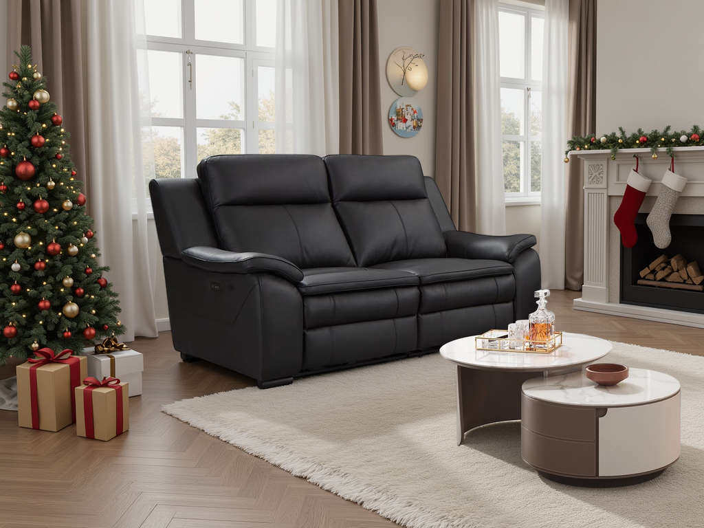 Boston Genuine Leather Electric Recliner Sofa Black 2 Seater