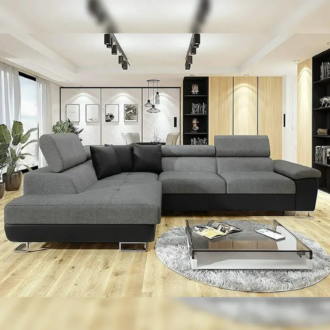 Anton Grey and Black Fabric Corner Sofa Bed with Double Bed, Left or Right Hand Facing