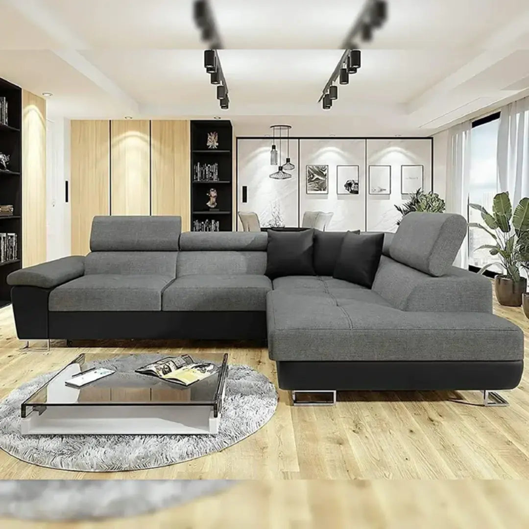 ANTON Black & Grey Fabric Corner Sofa Bed (LEFT HAND SIDE) | Double Bed | large sofas settee for living Rooms | (LEFT HAND SIDE)\n