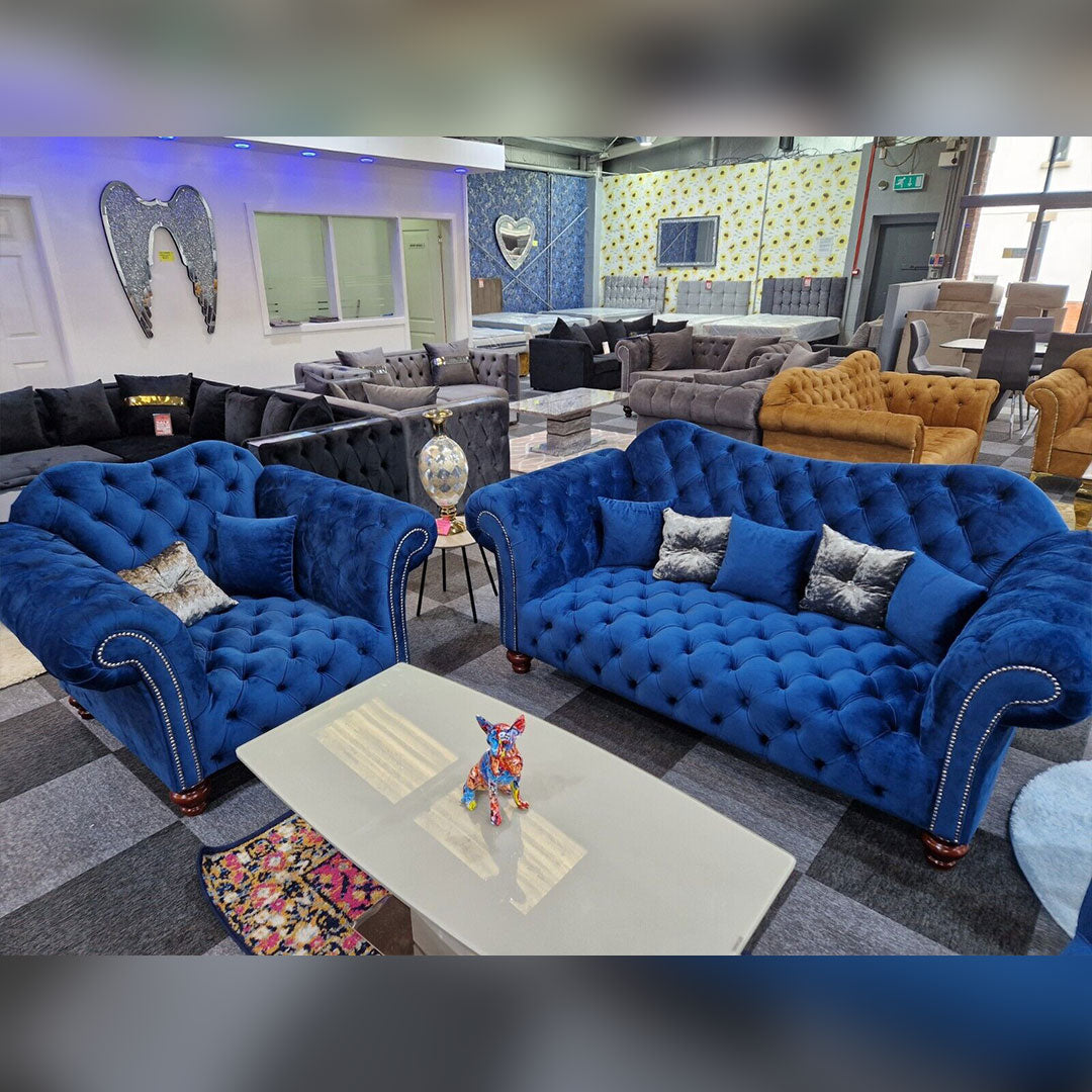 Elegance Chesterfield Sofa 3+2 Navy Blue – Plush Velvet
