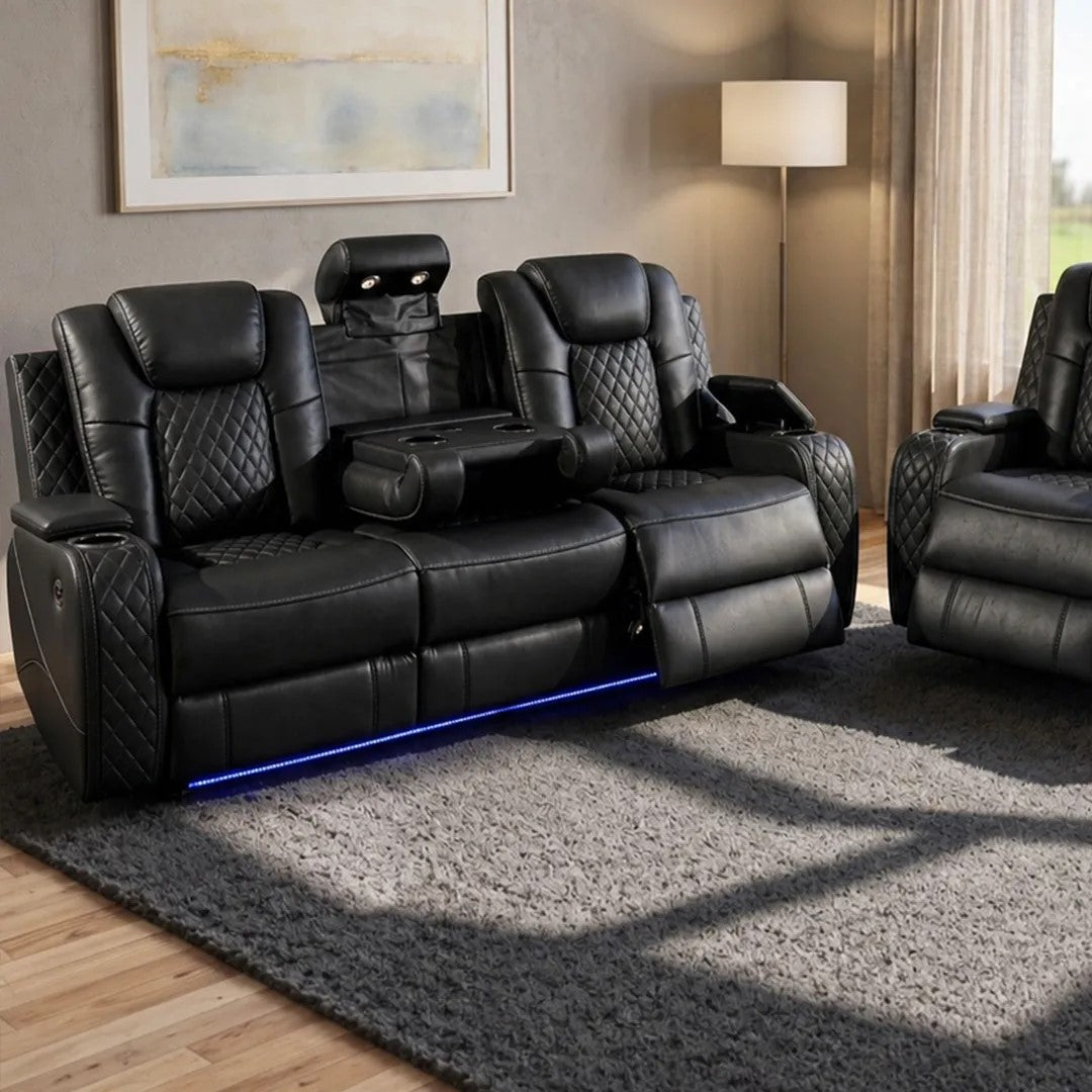 Emily 3+2 Seater Leather Electric Recliner Sofa Set – Black, Grey & Cream with LED Lights, Bluetooth Speakers, Cooling Cup Holders & USB Ports