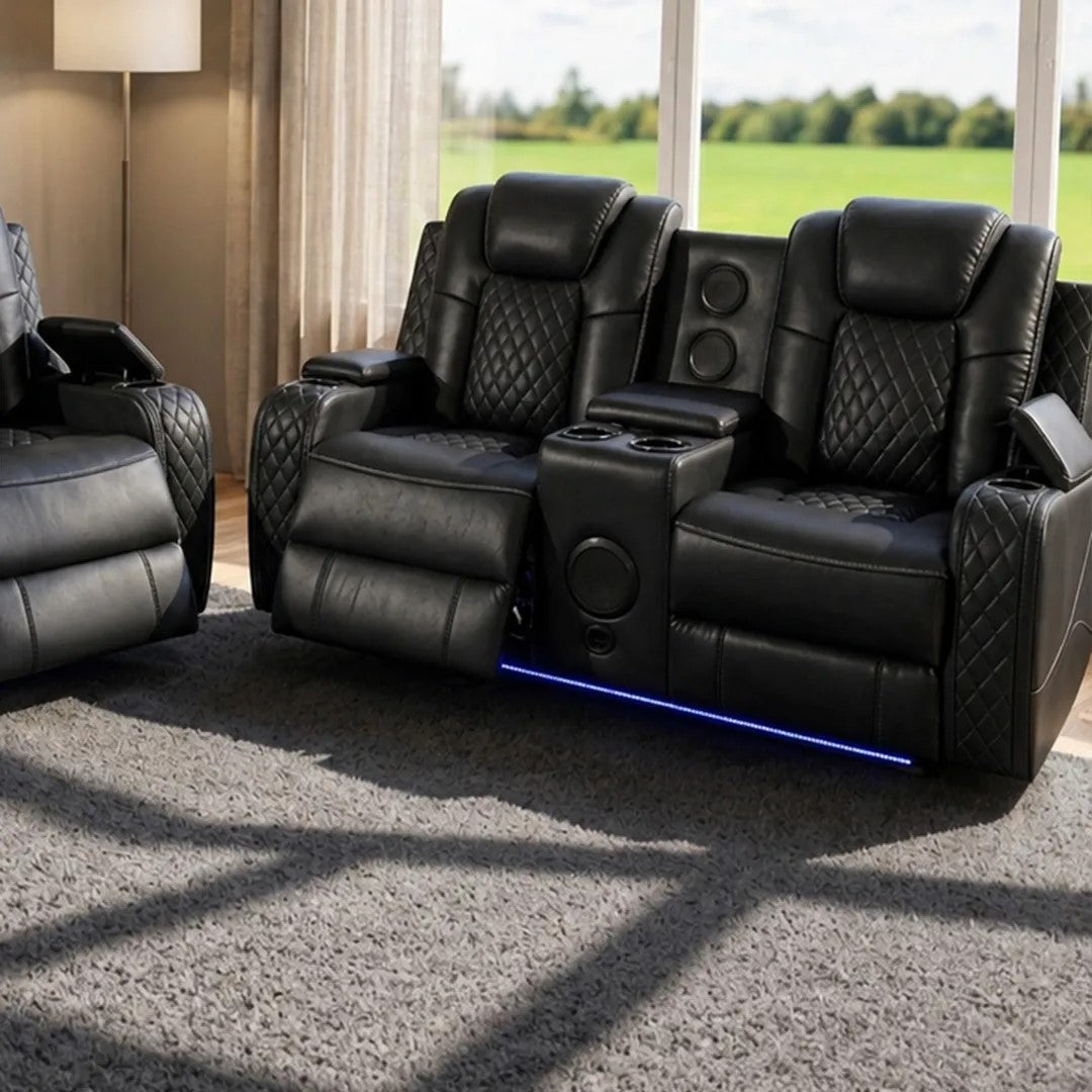 Emily 3+2 Seater Leather Electric Recliner Sofa Set – Black, Grey & Cream with LED Lights, Bluetooth Speakers, Cooling Cup Holders & USB Ports