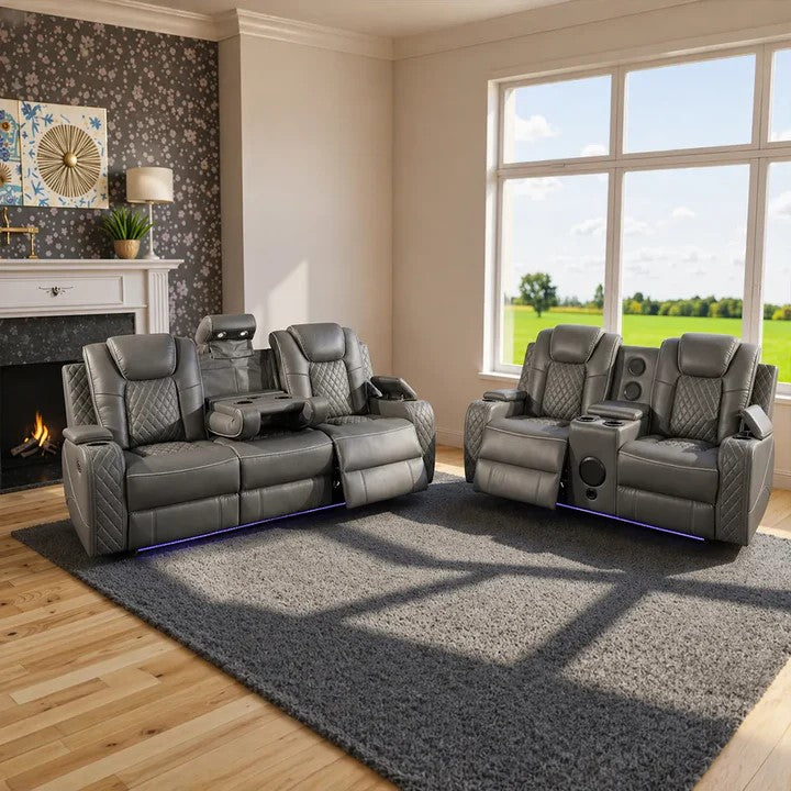 Emily 3+2 Seater Leather Electric Recliner Sofa Set – Black, Grey & Cream with LED Lights, Bluetooth Speakers, Cooling Cup Holders & USB Ports