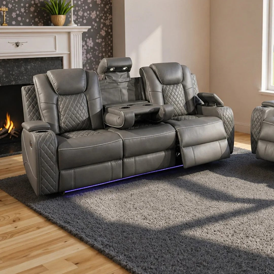 Emily 3+2 Seater Leather Electric Recliner Sofa Set – Black, Grey & Cream with LED Lights, Bluetooth Speakers, Cooling Cup Holders & USB Ports
