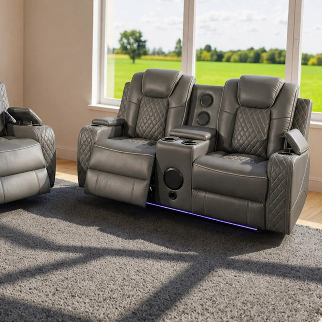 Emily 3+2 Seater Leather Electric Recliner Sofa Set – Black, Grey & Cream with LED Lights, Bluetooth Speakers, Cooling Cup Holders & USB Ports