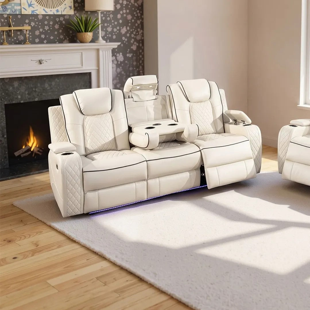 Emily 3+2 Seater Leather Electric Recliner Sofa Set – Black, Grey & Cream with LED Lights, Bluetooth Speakers, Cooling Cup Holders & USB Ports