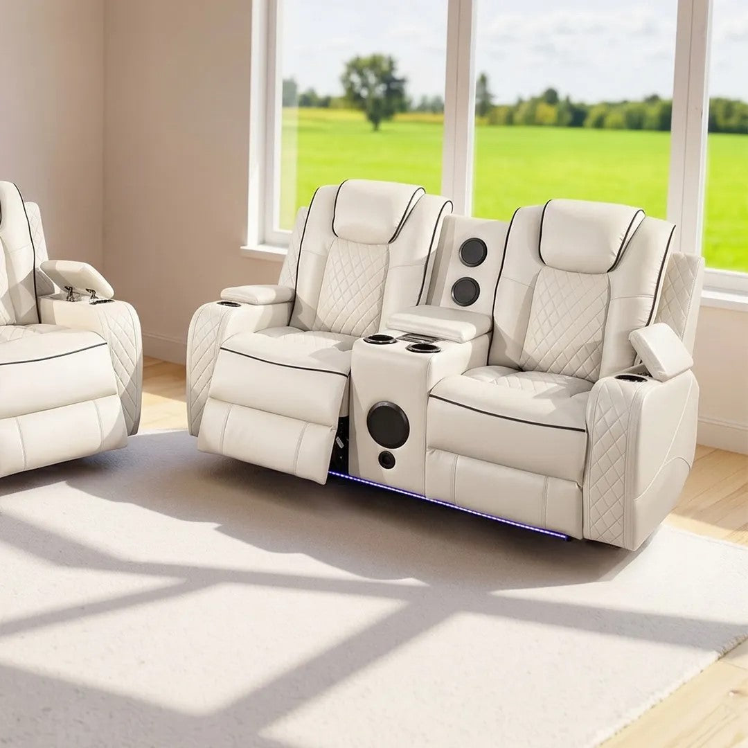 Emily 3+2 Seater Leather Electric Recliner Sofa Set – Black, Grey & Cream with LED Lights, Bluetooth Speakers, Cooling Cup Holders & USB Ports