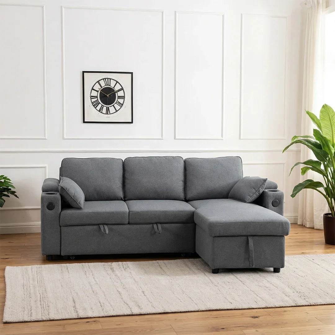 Francesca Sofa Bed (Universal) in Grey fabric - USB - Storage - Cuphoders - Bed - Magazine Pocket\n