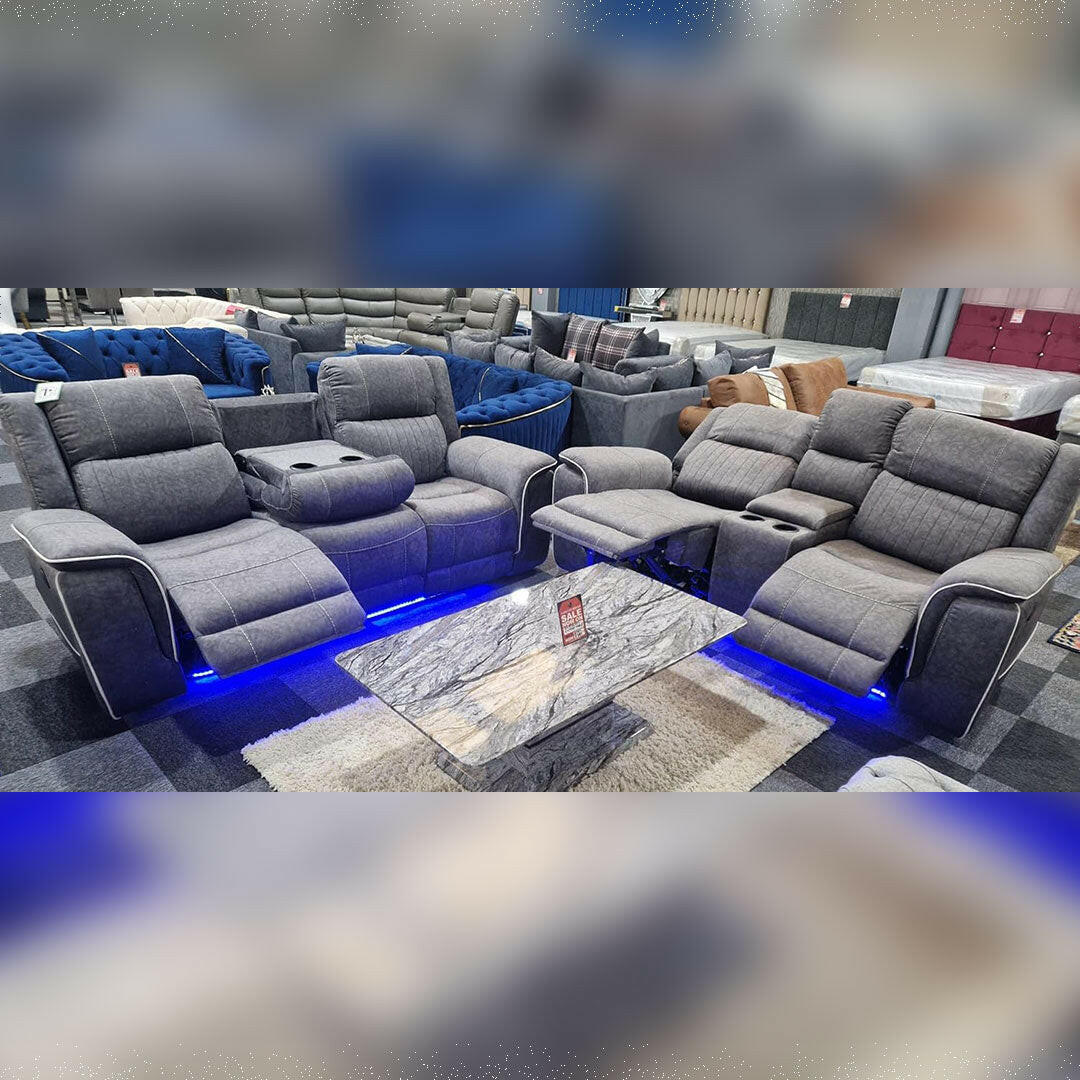 Hannah Microfibre Electric Recliner Sofa 3+2 Seater with LED, USB and Cupholders, Grey and Beige