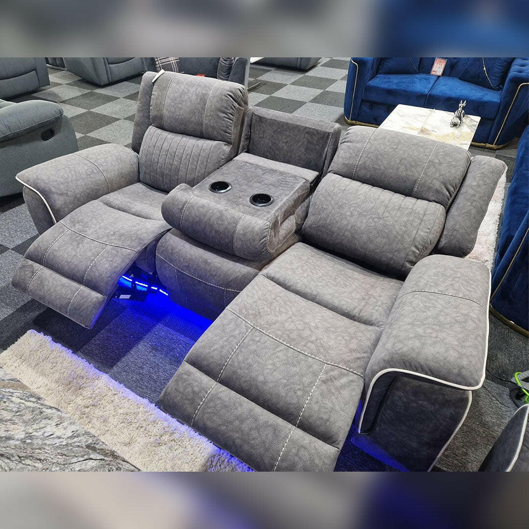 Hannah Microfibre Electric Recliner Sofa 3+2 Seater with LED, USB and Cupholders, Grey and Beige