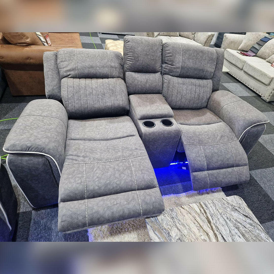 Hannah Microfibre Electric Recliner Sofa 3+2 Seater with LED, USB and Cupholders, Grey and Beige