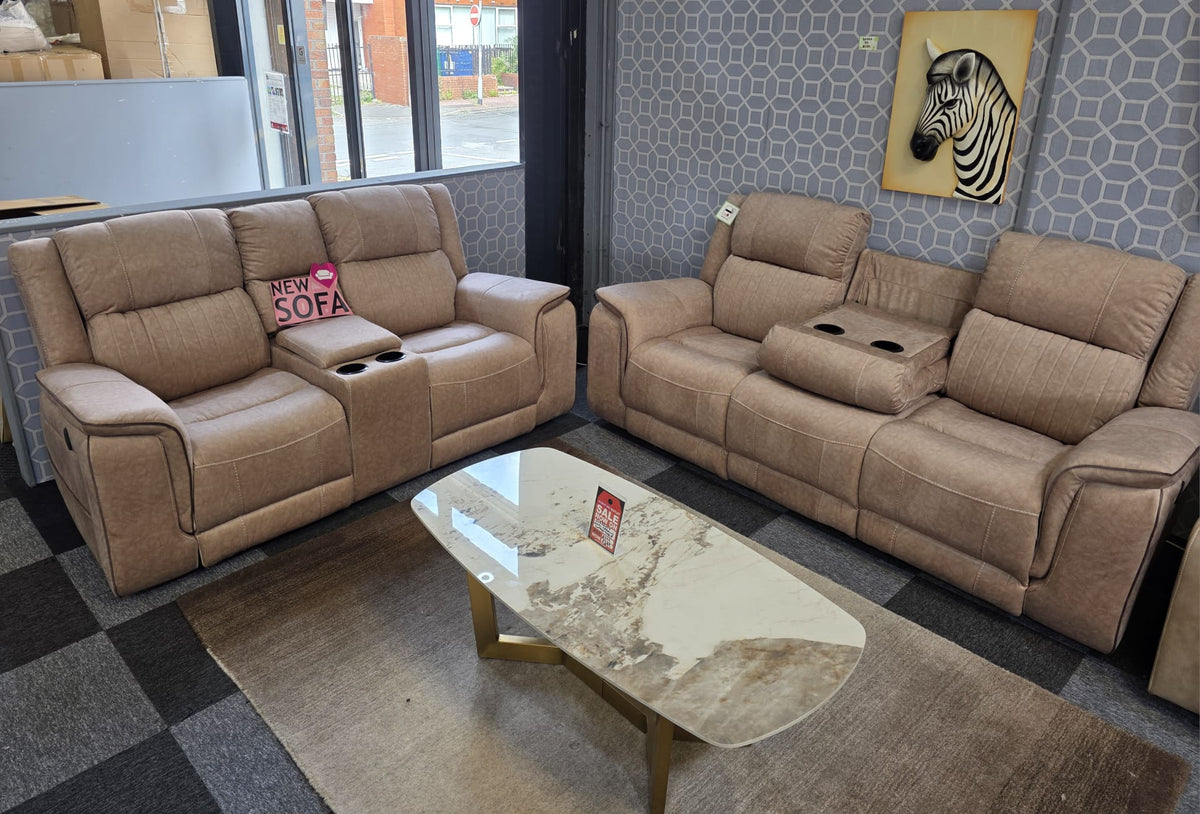 Hannah Microfibre Electric Recliner Sofa 3+2 Seater with LED, USB and Cupholders, Grey and Beige