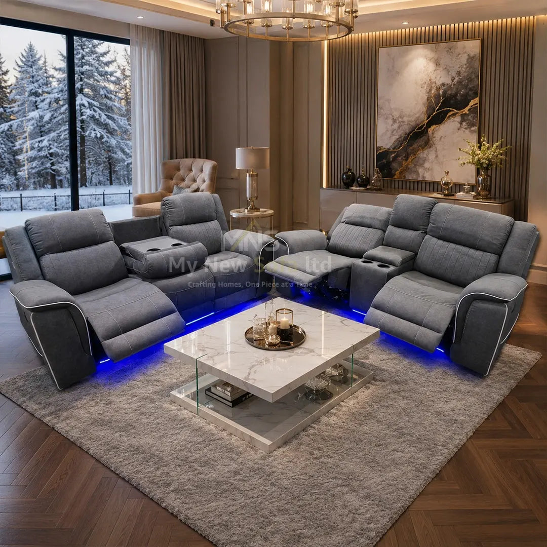Hannah Microfibre Electric Recliner Sofa 3+2 Seater with LED, USB and Cupholders, Grey and Beige