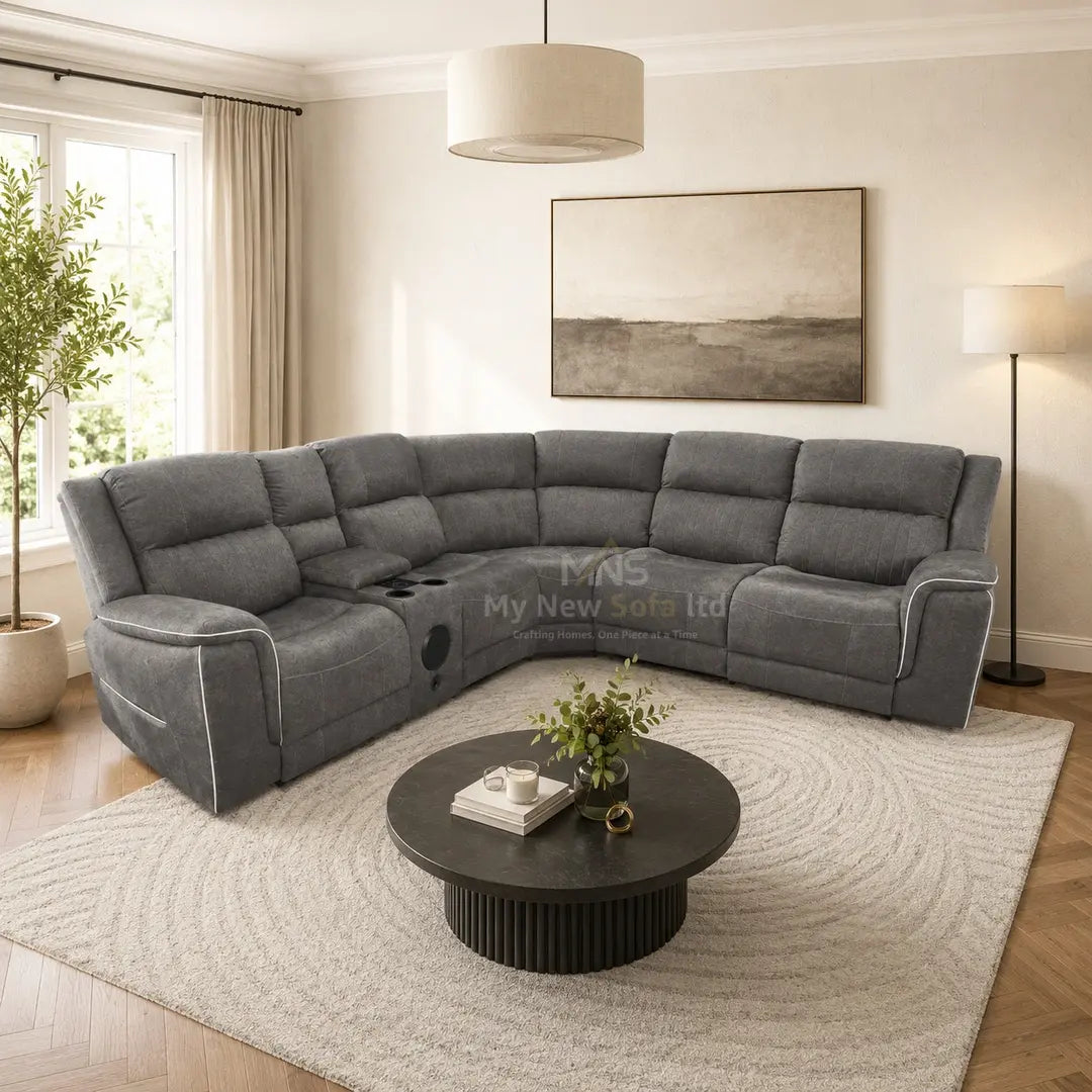 Hannah Grey Electric Recliner Corner Sofa - Microfibre Fabric with Speakers, USB & LED Lights