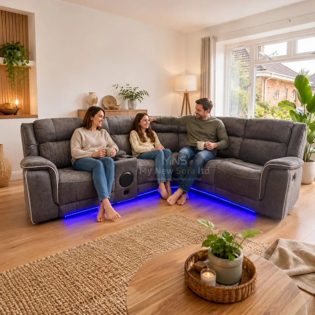 Hannah Grey Electric Recliner Corner Sofa - Microfibre Fabric with Speakers, USB & LED Lights