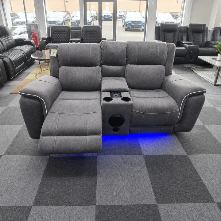 Hannah Music Microfibre 3 + 2 Electric Recliner Grey Sofa Set B/ Tooth + LED