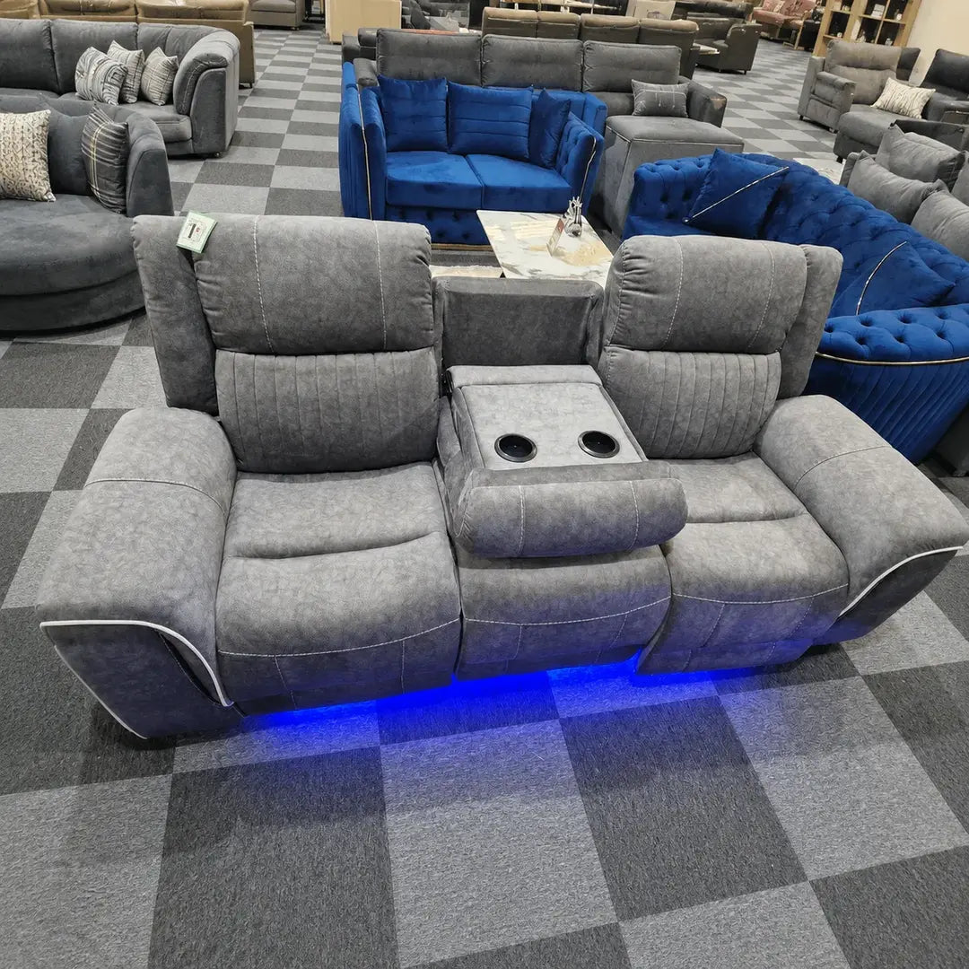 Hannah Music Microfibre 3 + 2 Electric Recliner Grey Sofa Set B/ Tooth + LED