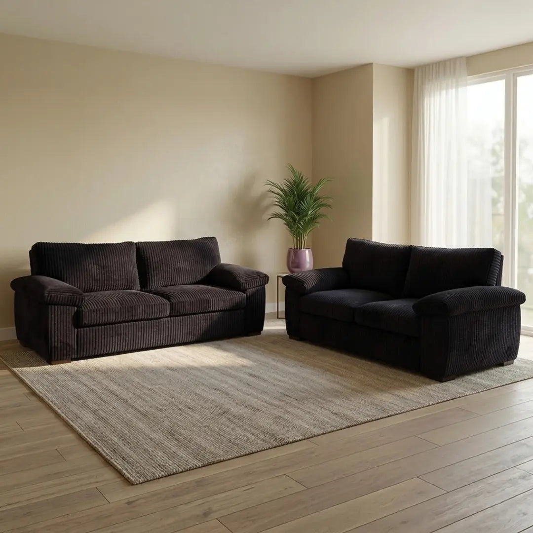 Jumbo Cord 3+2 Seater Sofa Set – Grey, Black & Cream