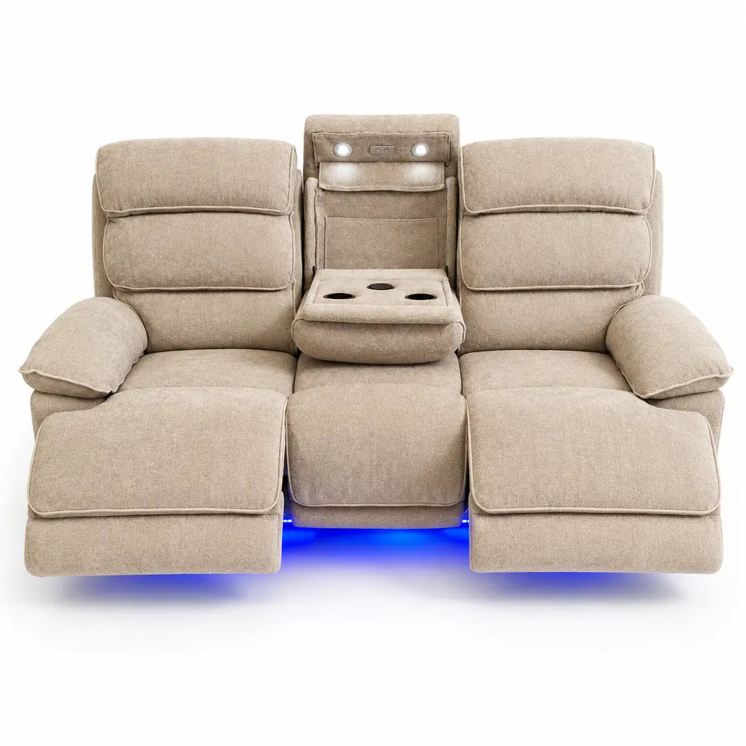 Lakeland 3 + 2 Fabric Beige or Grey Electric Power Recliner Sofa Set - Large Seating with Bluetooth Speakers & Wireless Charging pads