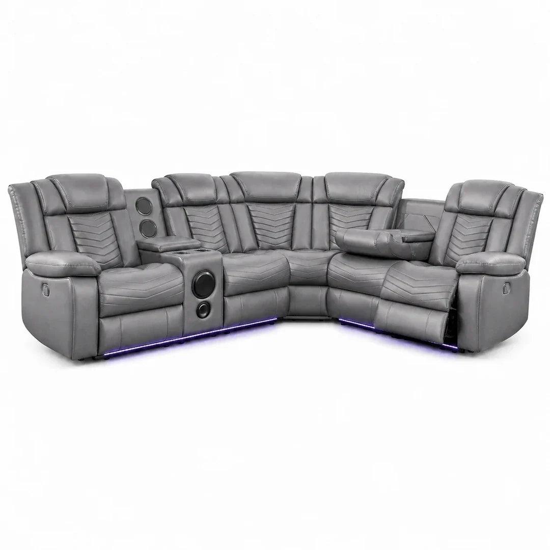 Michigan Music Leather Electric Recliners Corner Sofa + Cupholders -Black /Grey