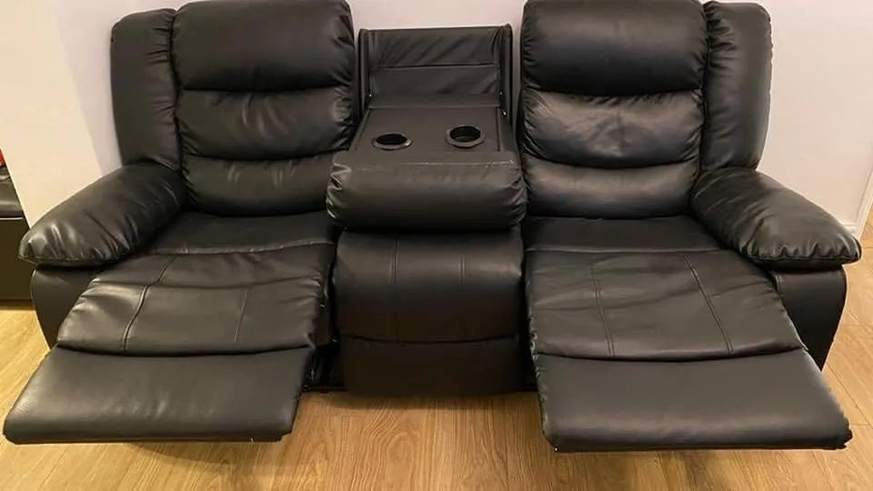 Milano 3+2 Leather Recliner Sofa Set – Cinema Cupholders – Black
