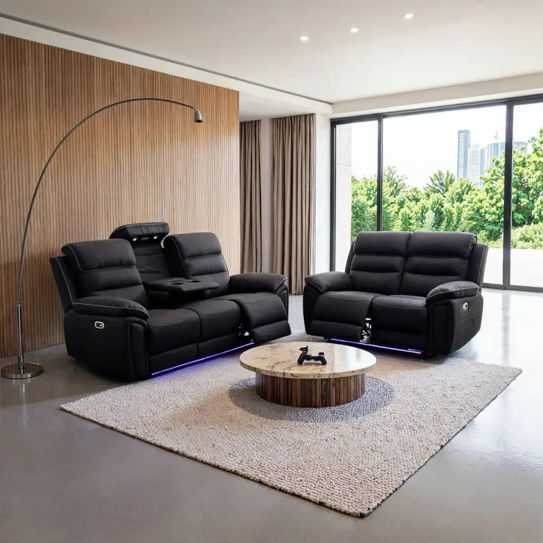 Venice Electric Recliner Sofa Set, Fabric, 3 and 2 Seater, Platinum, with USB, Type C, LED, and Reading Lights\n