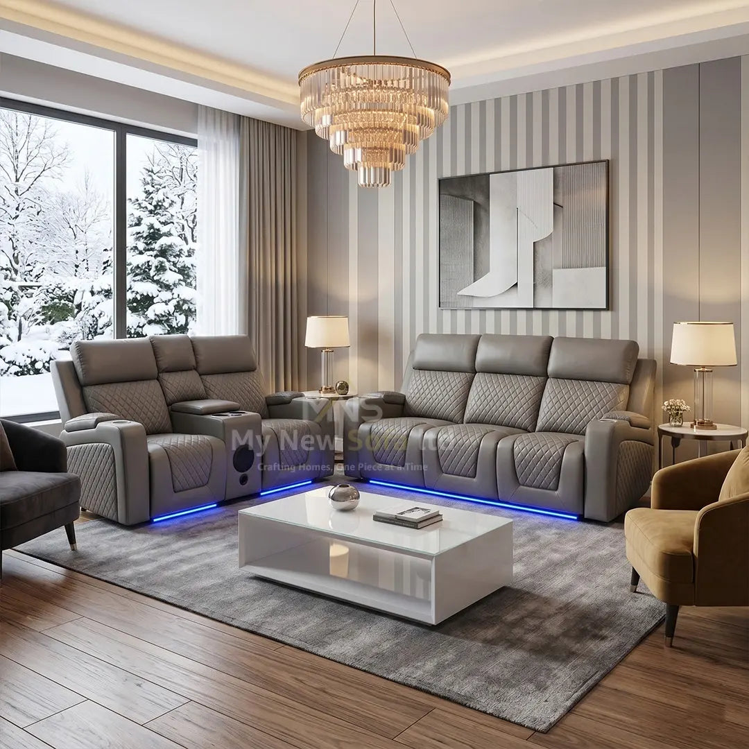 MNS Florida Music Electric Recliners 3+2 Seater Leather Sofa Bluetooth Speakers, LED LIGHTS, USB CHARGER