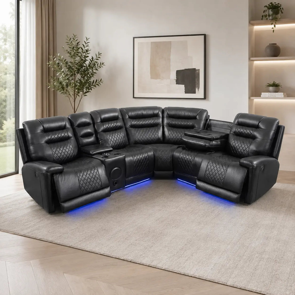 MNS Halifax Music Leather Electric Recliner Corner Sofa - Black, Grey or Brown