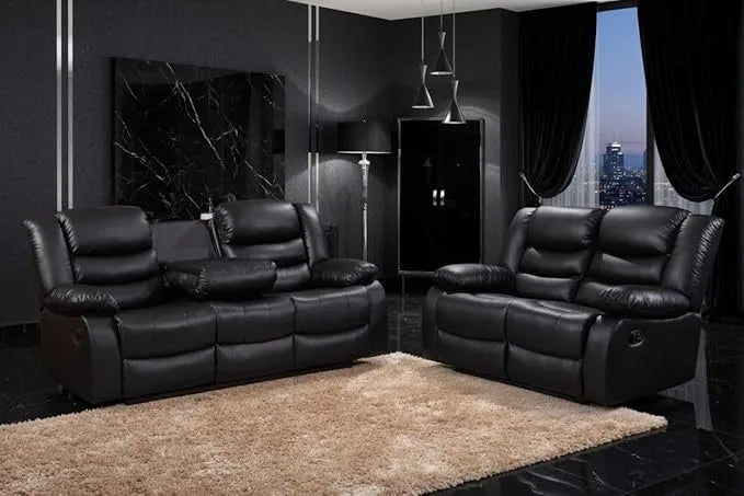 MNS Leather Recliner Sofa Set with Cupholders – 3+2 Seater – Black