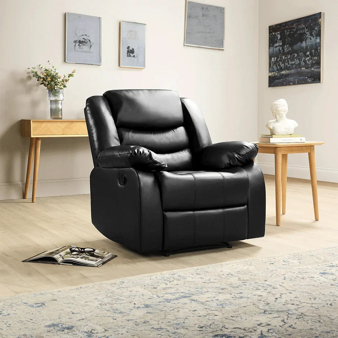 MNS Leather Recliner Sofa with Cupholders - 3+2 Seater Sofa - Black (3+2 Seater)