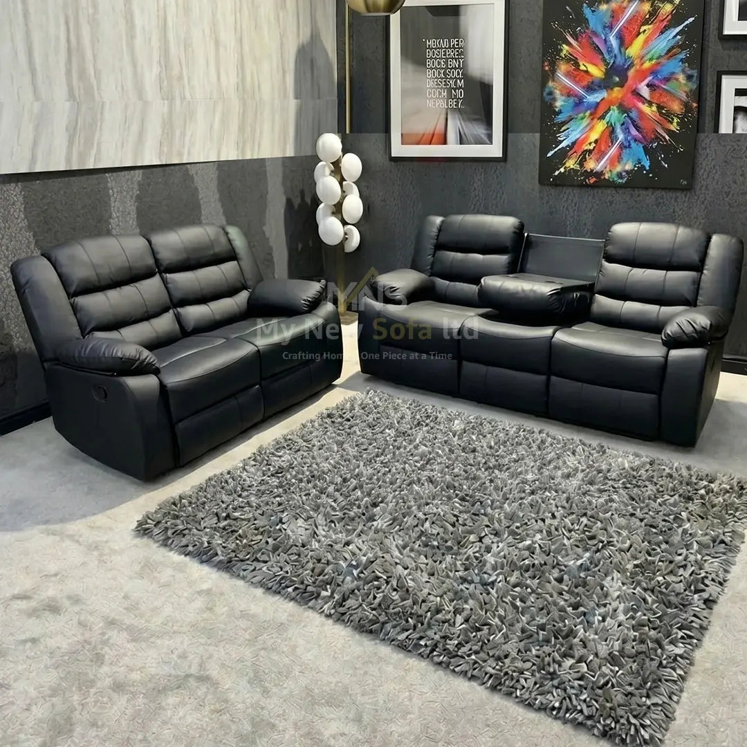 MNS Leather Recliner Sofa with Cupholders - 3+2 Seater Sofa - Black (3+2 Seater)\n