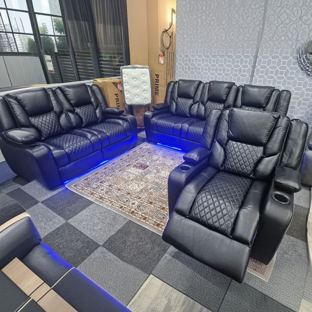 Orlando Grey Leather Electric Recliner 3+2 Sofa Set with LED, Wireless Charging and USB