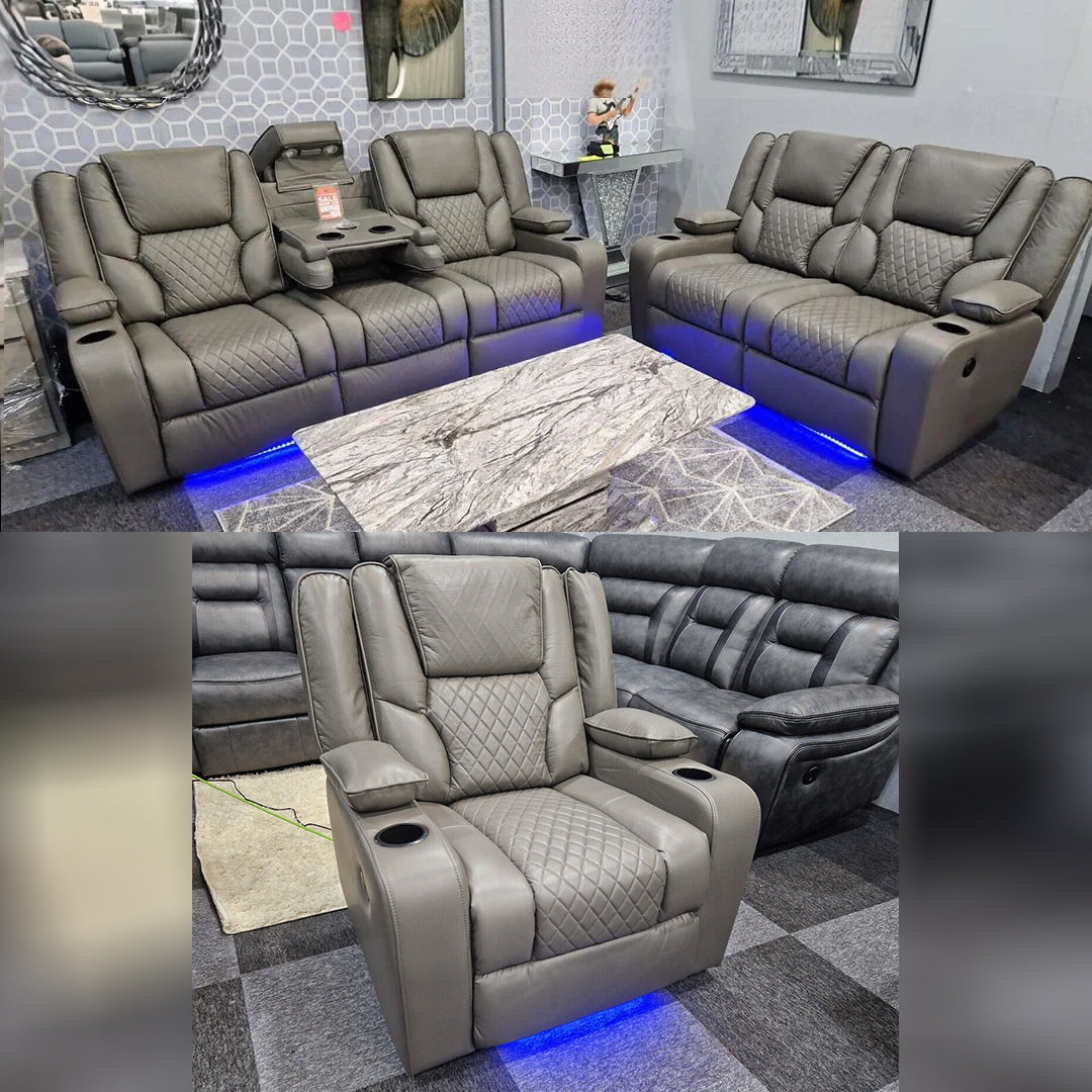 Orlando Grey Leather Electric Recliner 3+2 Sofa Set with LED, Wireless Charging and USB