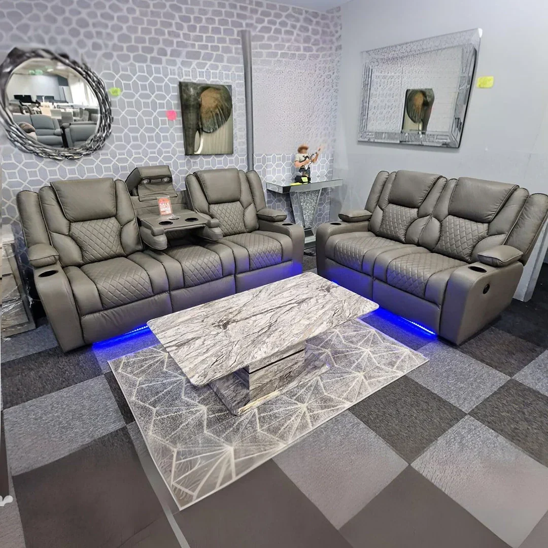 MNS Orlando Electric Recliners 3+2 Seater Leather Sofa (Black, Grey) /LED LIGHTS/WIRELESS CHARGER