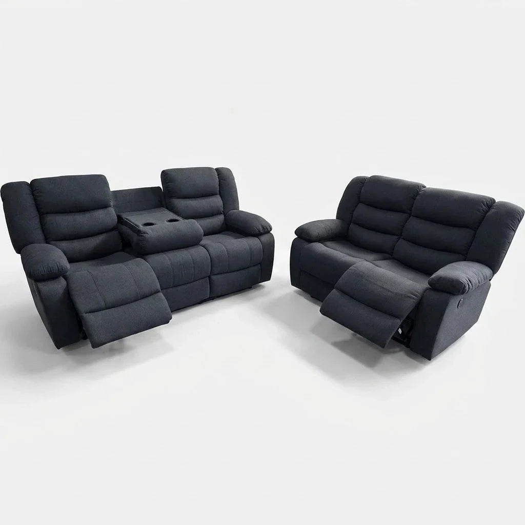 MNS Roma Fabric Reclining Sofa, Grey Fabric, 3+2 Seater with Cup Holders\n
