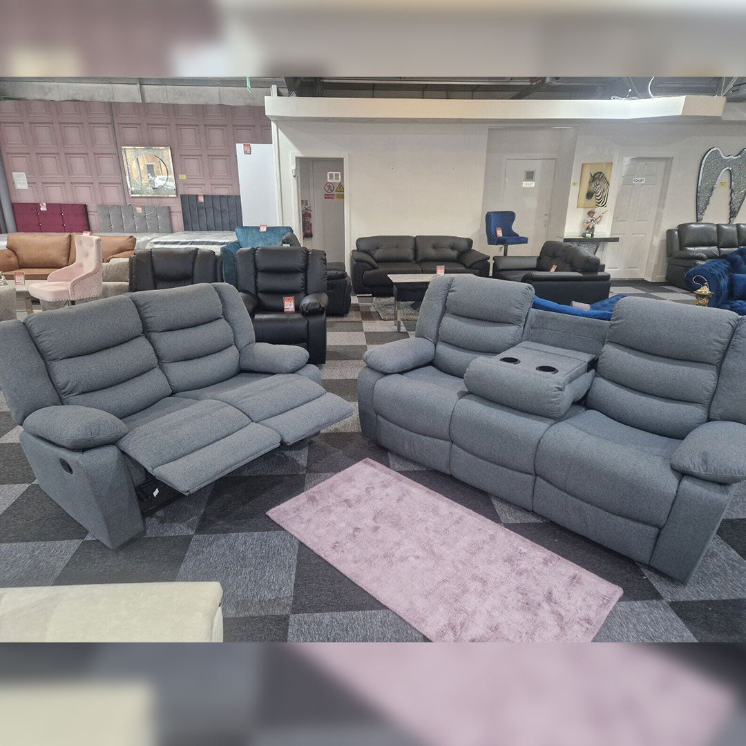MNS Roma Fabric Reclining Sofa, Grey Fabric, 3+2 Seater with Cup Holders\n