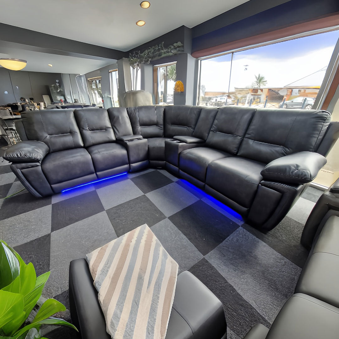 Sara Real Leather Electric Recliner Corner Sofa Grey with USB, LED and Cupholders
