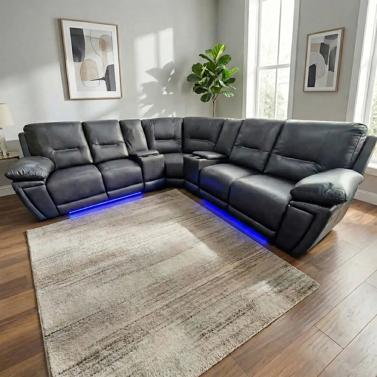 Sara Real Leather Electric Recliner Corner Sofa Grey with USB, LED and Cupholders
