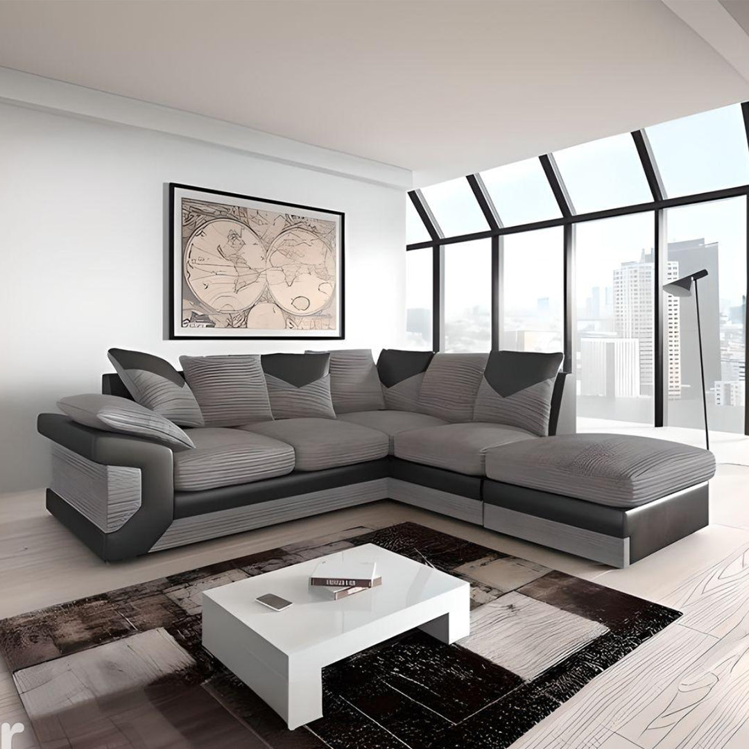 large grey corner sofa LARGE-DINO-CORNER-SOFA-GREY-BLACK-LEFT-HAND-SIDE-FOAM. Fire resistant as per British Standards, foam filled seats for comfort.\n