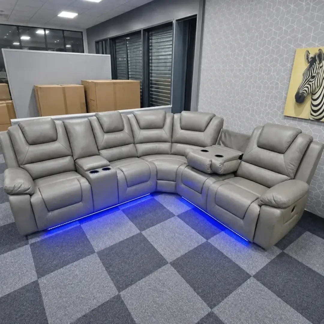 Oxford Grey electric recliner corner sofa- USB + Cupholders + Blue LED