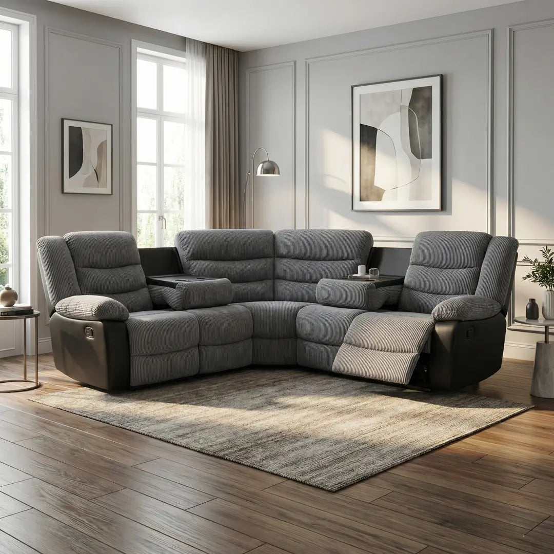 Rio Jumbo Cord Recliner Corner Sofa With Cupholders - Manual Reclining - Recliner Corner Sofa (Corner - Grey/Black)