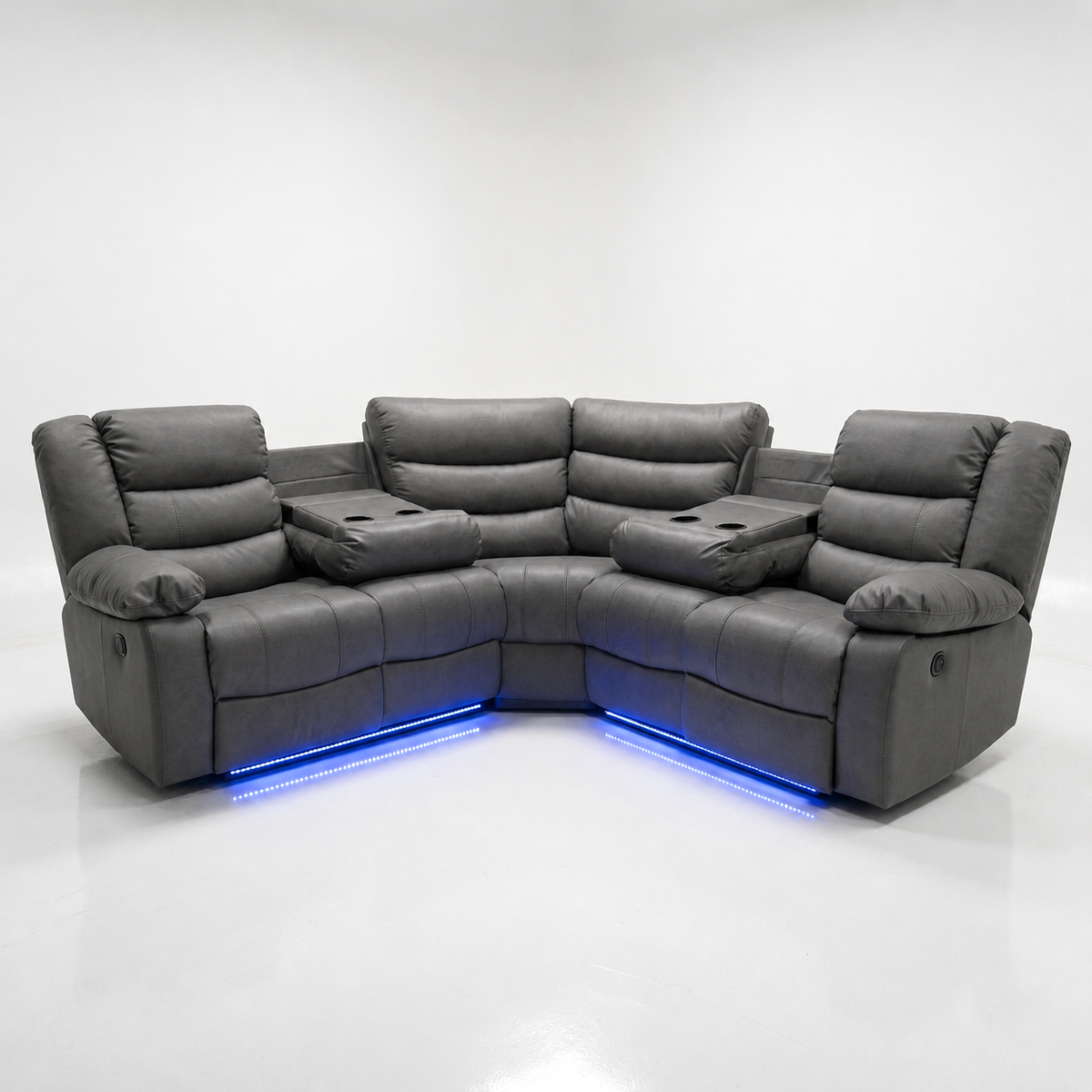 Roma Leather Electric Recliner Corner Sofa – Grey & Black with LED Lights, Cup Holders & USB Ports
