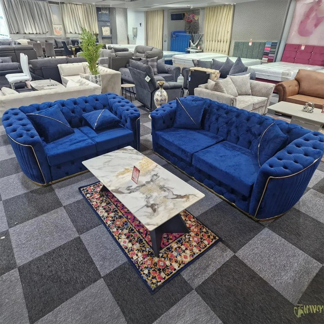 Toronto chesterfield sofa 3+2 blue & gold MNS (MY NEW SOFA) LTD